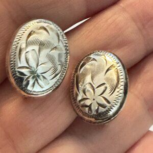 Vintage Sterling Silver Earrings Oval Screw Backs Flowers Etched